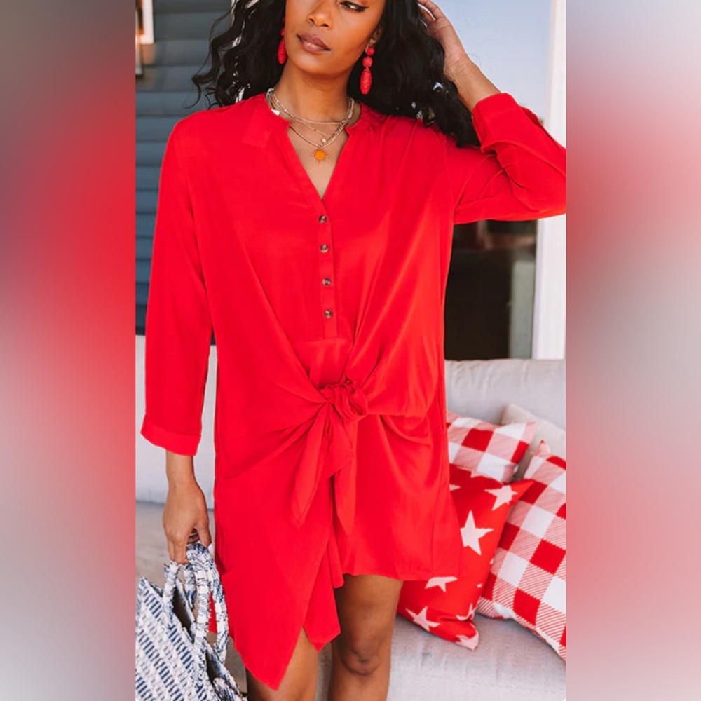 FLAWLESS Red Button-Up Mini Dress w/ Tie Front/Ling Sleeves - Size S (Boutique)